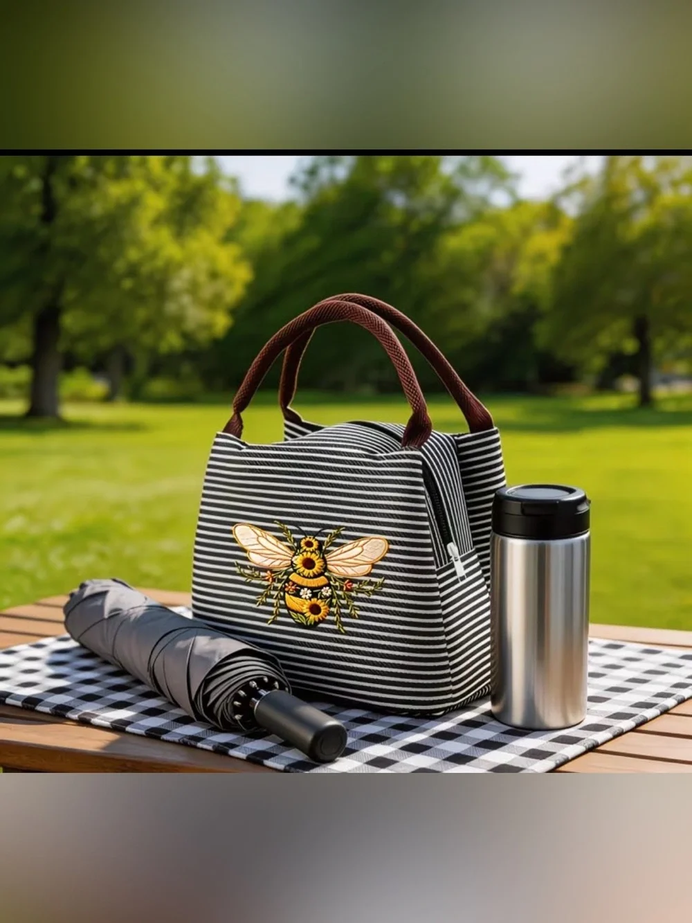 Striped Bee Embroidered Tote Bag - Black & White